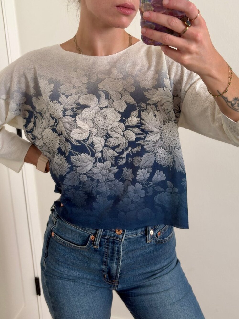 Masque 17:09 Ombre Floral Knit Top Ivory Indigo Size S